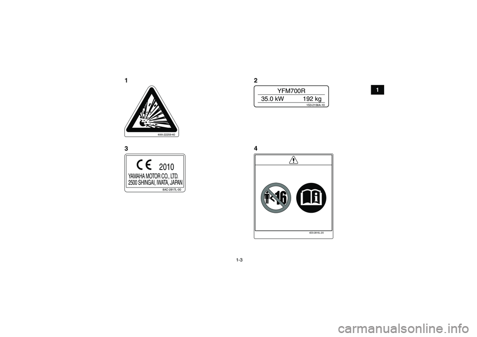 YAMAHA YFM700R 2011  Notices Demploi (in French) 1-3
1
4AA-22259-40
1S3-2156A-10
YFM700R
35.0 kW 192 kg
4D3-2816L-20
8AC-2817L-00
YAMAHA MOTOR CO., LTD.
2500 SHINGAI, IWATA, JAPAN
2010
12
4
3
U1AS61F0.book  Page 3  Wednesday, February 10, 2010  7:24