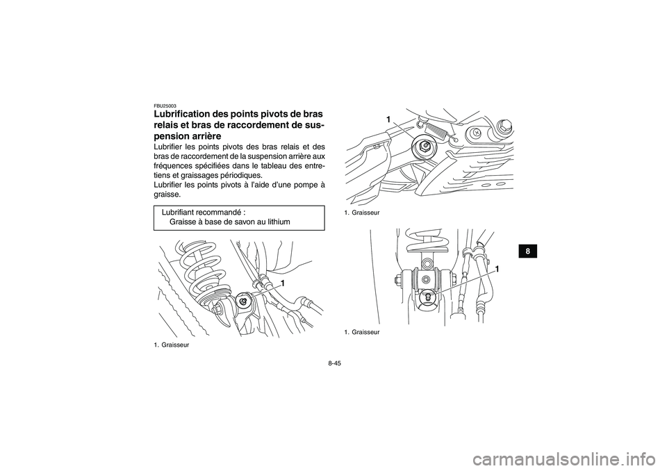 YAMAHA YFM700R 2011  Notices Demploi (in French) 8-45
8
FBU25003Lubrification des points pivots de bras 
relais et bras de raccordement de sus-
pension arrière Lubrifier les points pivots des bras relais et des
bras de raccordement de la suspension