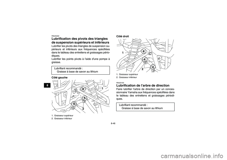 YAMAHA YFM700R 2011  Notices Demploi (in French) 8-46
8
FBU25032Lubrification des pivots des triangles 
de suspension supérieurs et inférieurs Lubrifier les pivots des triangles de suspension su-
périeurs et inférieurs aux fréquences spécifié