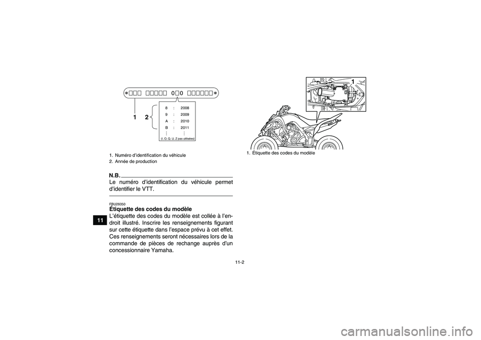 YAMAHA YFM700R 2011 Notices Demploi (in French) 11-2
11
N.B.Le numéro d’identification du véhicule permet
d’identifier le VTT.FBU26050Étiquette des codes du modèle
L’étiquette des codes du modèle est collée à l’en-
droit illustré. YAMAHA YFM700R 2011 Notices Demploi (in French) 11-2
11
N.B.Le numéro d’identification du véhicule permet
d’identifier le VTT.FBU26050Étiquette des codes du modèle
L’étiquette des codes du modèle est collée à l’en-
droit illustré.