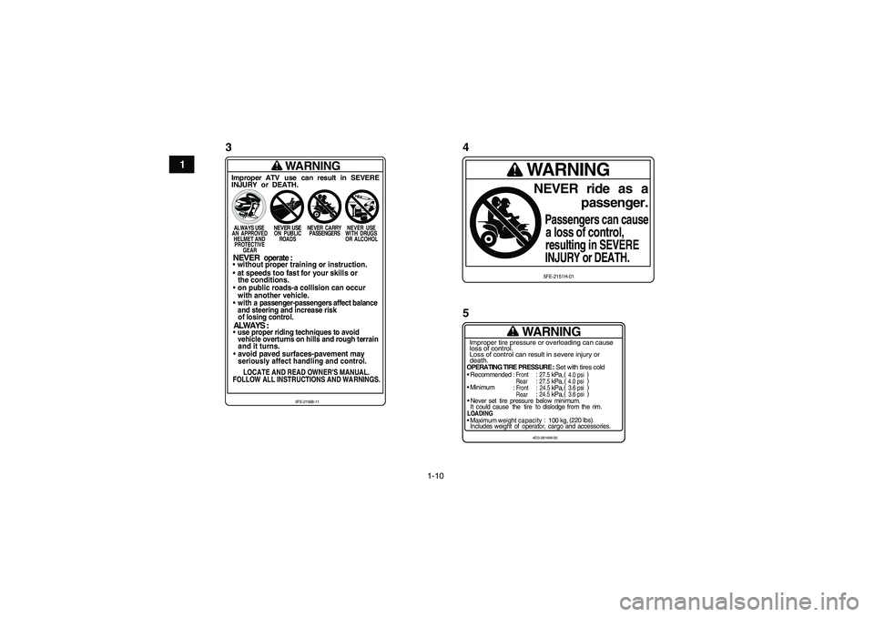 YAMAHA YFM700R 2011 Notices Demploi (in French) 1-10
1
WARNING
OPERATING TIRE PRESSURE : Set with tires cold
Recommended
: Front
: 27.5
kPa,
Rear
: 27.5
kPa,
Minimum
: Front
: 24.5
kPa,
Rear
: 24.5
kPa,
Never set tire pressure below YAMAHA YFM700R 2011 Notices Demploi (in French) 1-10
1
WARNING
OPERATING TIRE PRESSURE : Set with tires cold
Recommended
: Front
: 27.5
kPa,
Rear
: 27.5
kPa,
Minimum
: Front
: 24.5
kPa,
Rear
: 24.5
kPa,
Never set tire pressure below