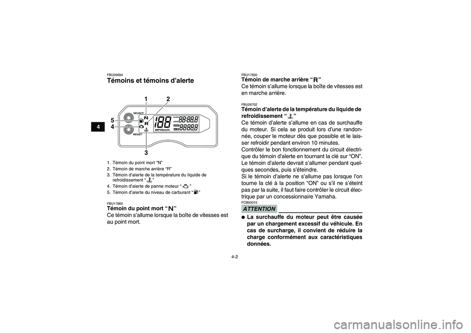 YAMAHA YFM700R 2011  Notices Demploi (in French) 4-2
4
FBU26694Témoins et témoins d’alerte FBU17860Témoin du point mort“” 
Ce témoin s’allume lorsque la boîte de vitesses est
au point mort.
FBU17830Témoin de marche arrière“” 
Ce t