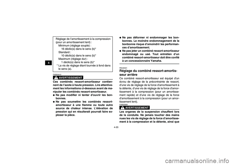 YAMAHA YFM700R 2011  Notices Demploi (in French) 4-20
4
AVERTISSEMENT
FWB00410Ces combinés ressort-amortisseur contien-
nent de l’azote à haute pression. Lire attentive-
ment les informations ci-dessous avant de ma-
nipuler les combinés ressort