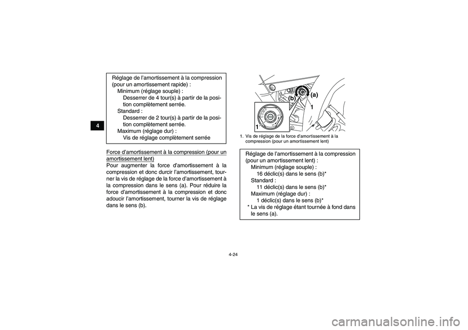 YAMAHA YFM700R 2011 Notices Demploi (in French) 4-24
4
Force d’amortissement à la compression (pour un
amortissement lent)Pour augmenter la force d’amortissement à la
compression et donc durcir l’amortissement, tour-
ner la vis de réglage YAMAHA YFM700R 2011 Notices Demploi (in French) 4-24
4
Force d’amortissement à la compression (pour un
amortissement lent)Pour augmenter la force d’amortissement à la
compression et donc durcir l’amortissement, tour-
ner la vis de réglage