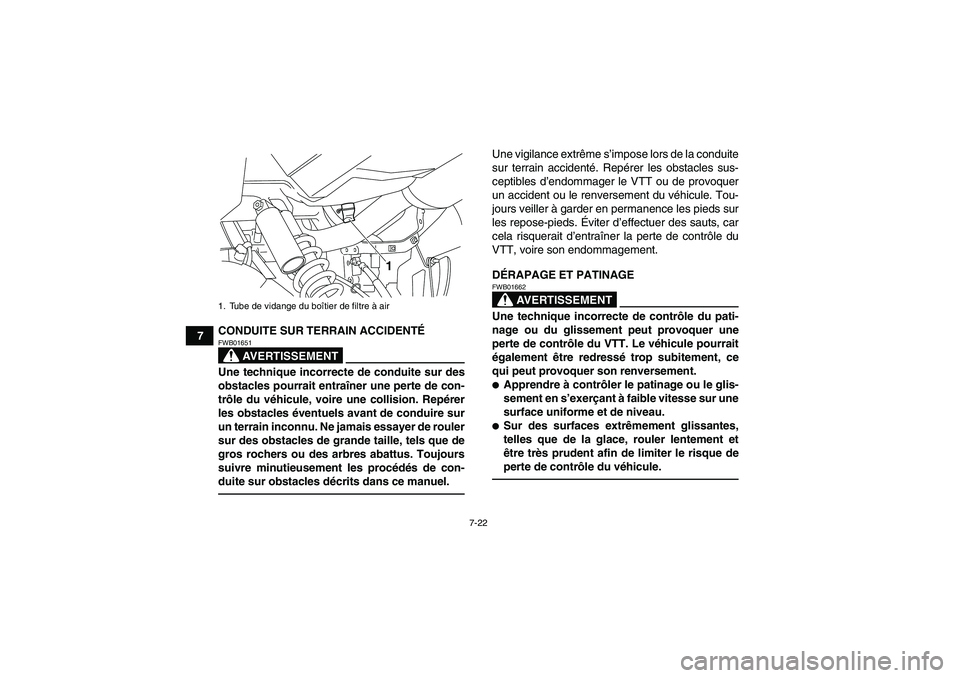 YAMAHA YFM700R 2011  Notices Demploi (in French) 7-22
7CONDUITE SUR TERRAIN ACCIDENTÉ
AVERTISSEMENT
FWB01651Une technique incorrecte de conduite sur des
obstacles pourrait entraîner une perte de con-
trôle du véhicule, voire une collision. Repé