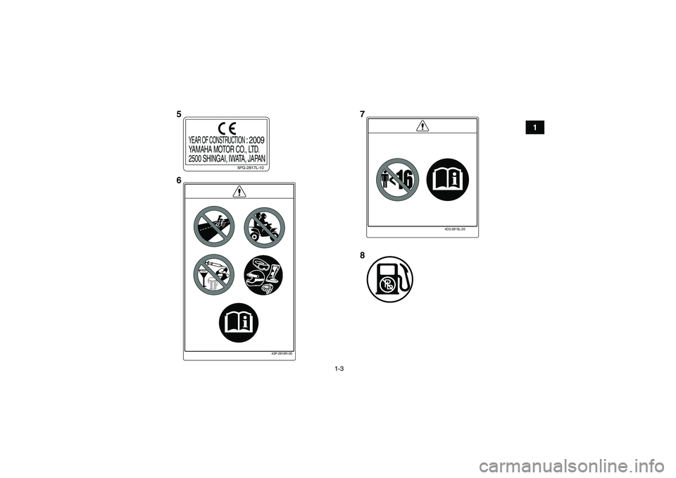 YAMAHA YFM700R 2010 User Guide 1-3
1
5PG-2817L-10
YEAR OF CONSTRUCTION 
: 2009
YAMAHA MOTOR CO., LTD.
2500 SHINGAI, IWATA, JAPAN
4D3-2816L-20
43P-2816R-00
5
67
8
U1AS60E0.book  Page 3  Friday, February 6, 2009  1:27 PM 