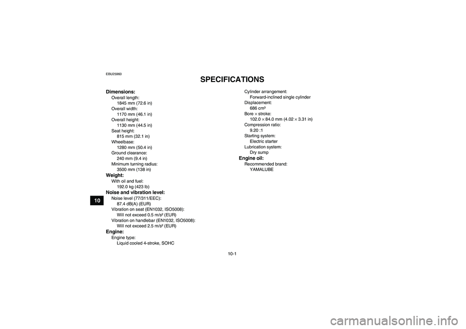 YAMAHA YFM700R 2010  Owners Manual 10-1
10
EBU25960
SPECIFICATIONS 
Dimensions:Overall length:
1845 mm (72.6 in)
Overall width:
1170 mm (46.1 in)
Overall height:
1130 mm (44.5 in)
Seat height:
815 mm (32.1 in)
Wheelbase:
1280 mm (50.4 