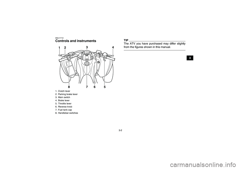 YAMAHA YFM700R 2010 Owners Manual 3-2
3
EBU17712Controls and instruments
TIPThe ATV you have purchased may differ slightly
from the figures shown in this manual.
1. Clutch lever
2. Parking brake lever
3. Main switch
4. Brake lever
5. 