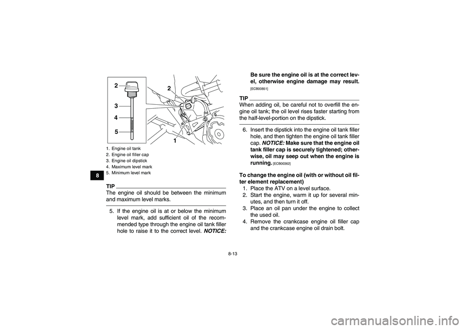 YAMAHA YFM700R 2010  Owners Manual 8-13
8
TIPThe engine oil should be between the minimum
and maximum level marks.5. If the engine oil is at or below the minimum
level mark, add sufficient oil of the recom-
mended type through the engi