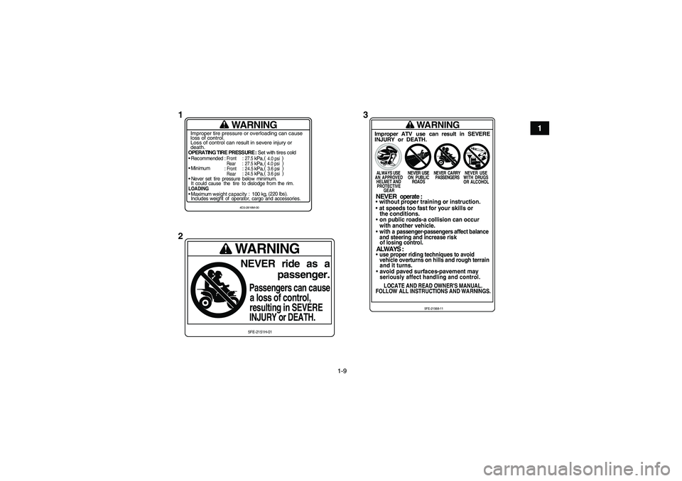 YAMAHA YFM700R 2010  Manuale de Empleo (in Spanish) 1-9
1
WARNING
OPERATING TIRE PRESSURE : Set with tires cold
Recommended
 : Front
 : 27.5
 kPa,
Rear
: 27.5
 kPa,

Minimum
: Front
 : 24.5
 kPa,
Rear
: 24.5
 kPa,

Never set  tire  pressure  below  