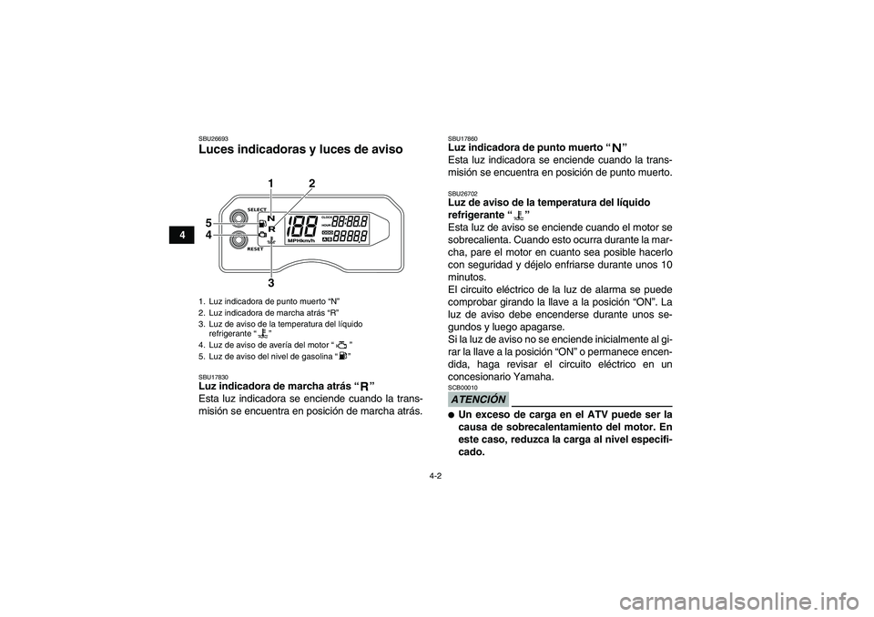 YAMAHA YFM700R 2010  Manuale de Empleo (in Spanish) 4-2
4
SBU26693Luces indicadoras y luces de aviso SBU17830Luz indicadora de marcha atrás“” 
Esta luz indicadora se enciende cuando la trans-
misión se encuentra en posición de marcha atrás.
SBU
