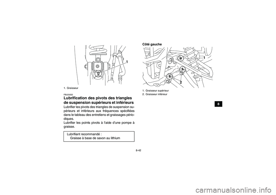 YAMAHA YFM700R 2010 Notices Demploi (in French) 8-42
8
FBU25032Lubrification des pivots des triangles
de suspension supérieurs et inférieurs Lubrifier les pivots des triangles de suspension su-
périeurs et inférieurs aux fréquences spécifié YAMAHA YFM700R 2010 Notices Demploi (in French) 8-42
8
FBU25032Lubrification des pivots des triangles
de suspension supérieurs et inférieurs Lubrifier les pivots des triangles de suspension su-
périeurs et inférieurs aux fréquences spécifié