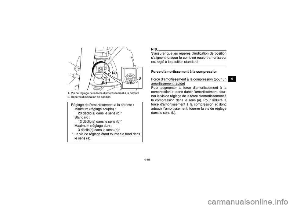 YAMAHA YFM700R 2010  Notices Demploi (in French) 4-18
4
N.B.S’assurer que les repères d’indication de position
s’alignent lorsque le combiné ressort-amortisseur
est réglé à la position standard.Force d’amortissement à la compression
Fo
