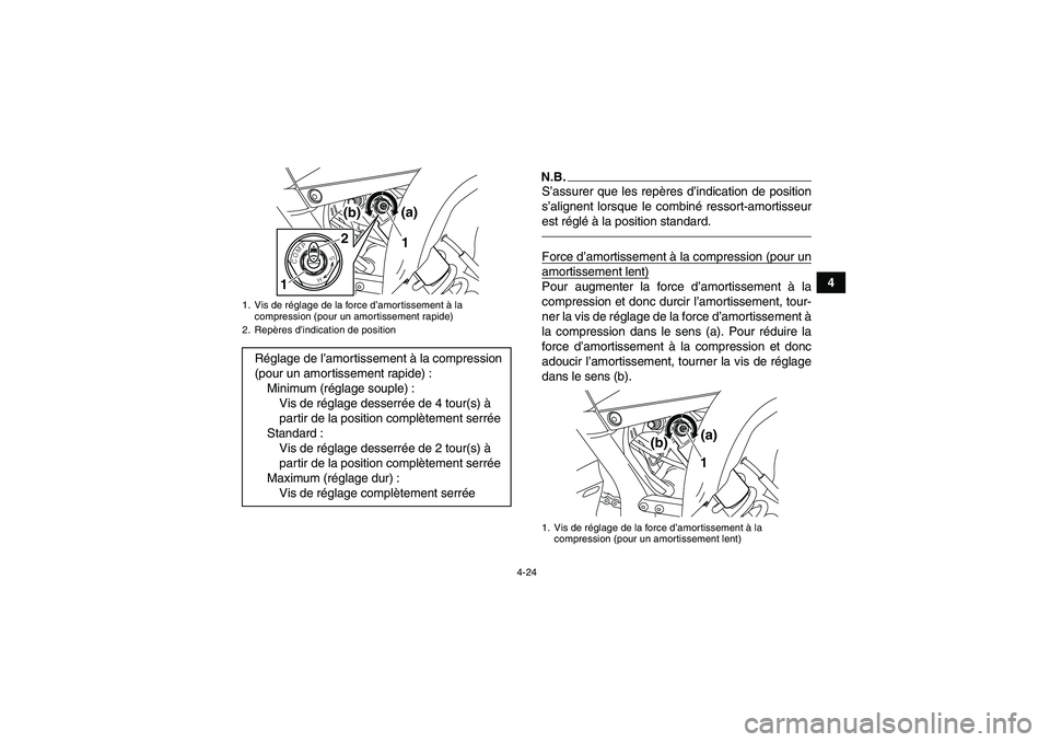 YAMAHA YFM700R 2010 Notices Demploi (in French) 4-24
4
N.B.S’assurer que les repères d’indication de position
s’alignent lorsque le combiné ressort-amortisseur
est réglé à la position standard.Force d’amortissement à la compression (p YAMAHA YFM700R 2010 Notices Demploi (in French) 4-24
4
N.B.S’assurer que les repères d’indication de position
s’alignent lorsque le combiné ressort-amortisseur
est réglé à la position standard.Force d’amortissement à la compression (p