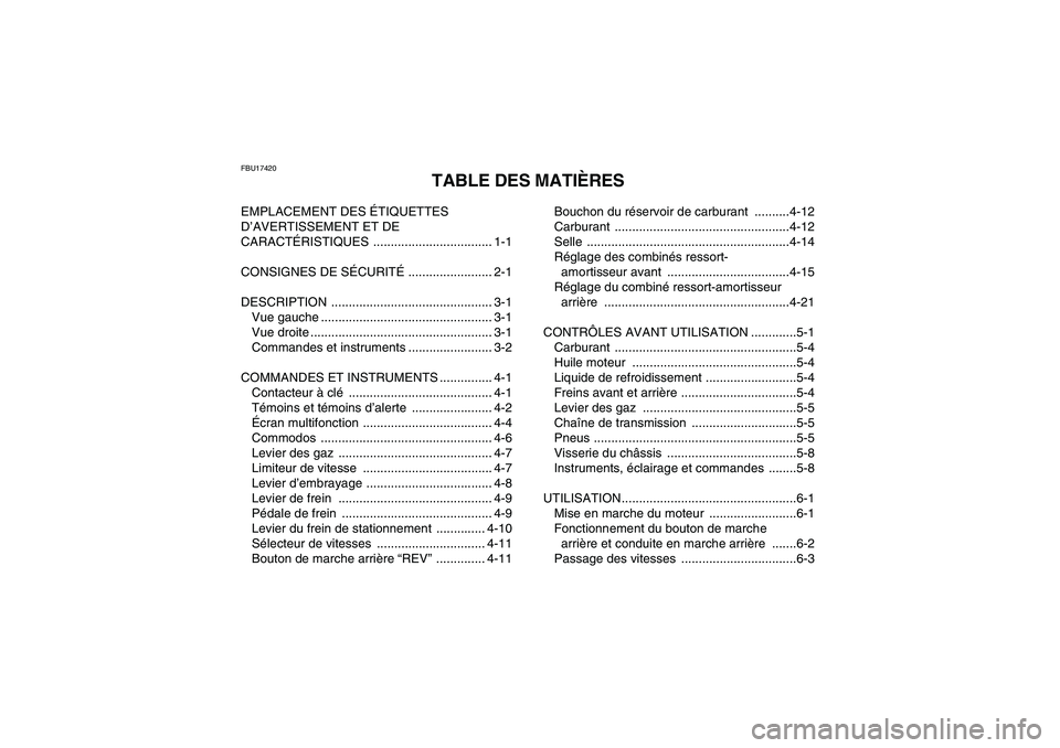 YAMAHA YFM700R 2010  Notices Demploi (in French) FBU17420
TABLE DES MATIÈRES
EMPLACEMENT DES ÉTIQUETTES 
D’AVERTISSEMENT ET DE 
CARACTÉRISTIQUES .................................. 1-1
CONSIGNES DE SÉCURITÉ ........................ 2-1
DESCRIP