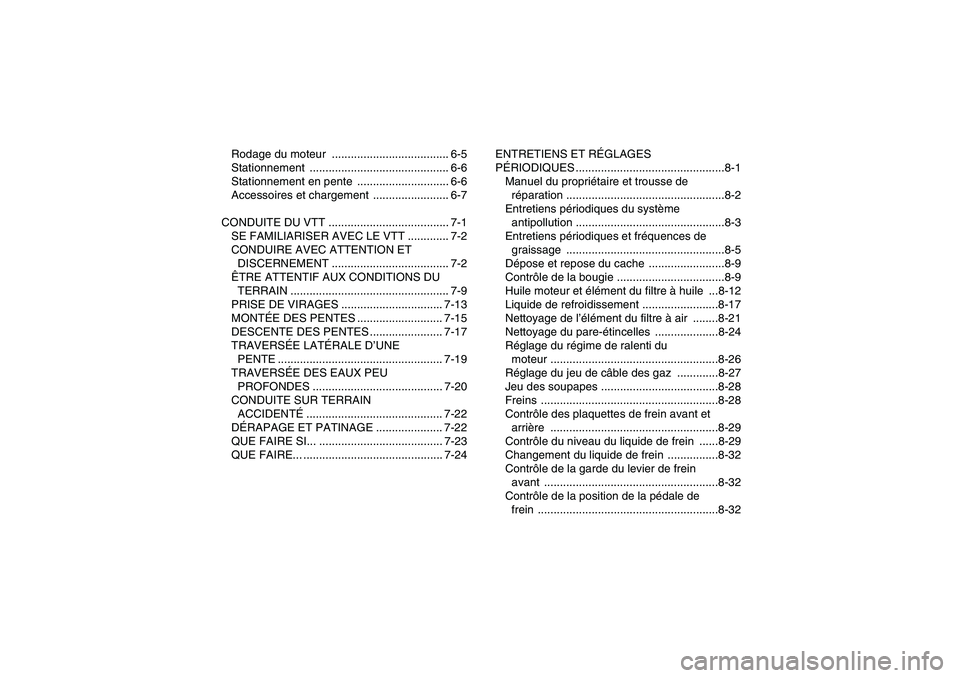 YAMAHA YFM700R 2010  Notices Demploi (in French) Rodage du moteur  ..................................... 6-5
Stationnement ............................................ 6-6
Stationnement en pente  ............................. 6-6
Accessoires et char