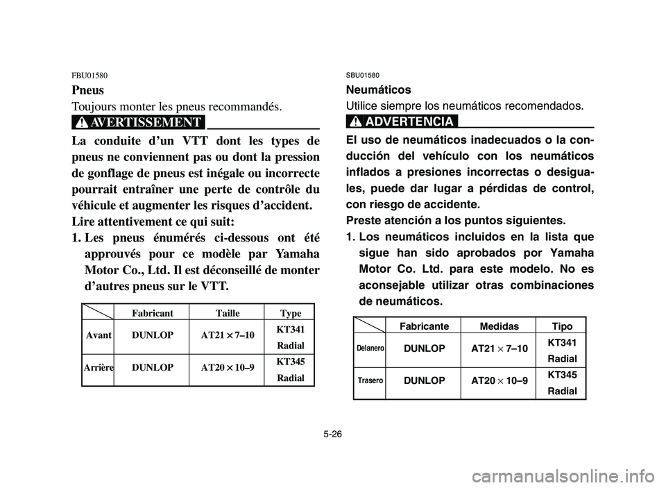 YAMAHA YFM700R 2006 Manuale de Empleo (in Spanish) 5-26
FBU01580
Pneus
Toujours monter les pneus recommandés.
XG
La conduite d’un VTT dont les types de
pneus ne conviennent pas ou dont la pression
de gonflage de pneus est inégale ou incorrecte
pou YAMAHA YFM700R 2006 Manuale de Empleo (in Spanish) 5-26
FBU01580
Pneus
Toujours monter les pneus recommandés.
XG
La conduite d’un VTT dont les types de
pneus ne conviennent pas ou dont la pression
de gonflage de pneus est inégale ou incorrecte
pou
