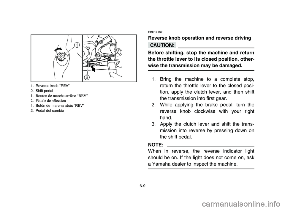 YAMAHA YFM700R 2006  Notices Demploi (in French) 6-9
2
1
1. Reverse knob “REV”
2. Shift pedal
1. Bouton de marche arrière “REV”
2. Pédale de sélection
1. Botón de marcha atrás “REV”
2. Pedal del cambio
EBU12102
Reverse knob operatio