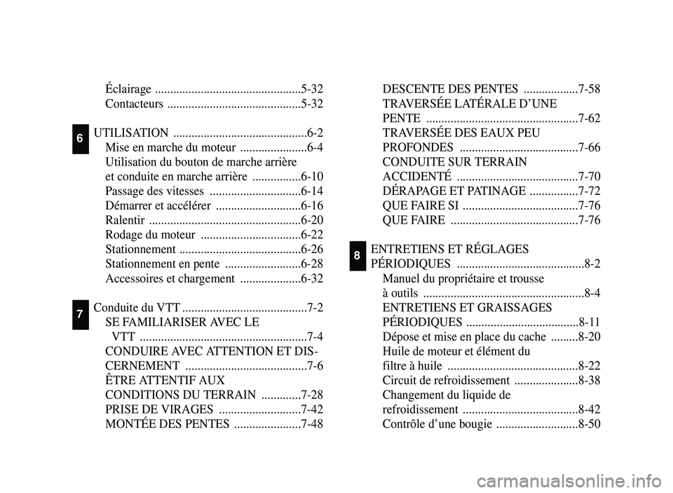 YAMAHA YFM700R 2006  Notices Demploi (in French) Éclairage ................................................5-32
Contacteurs ............................................5-32
UTILISATION ............................................6-2
Mise en marche 