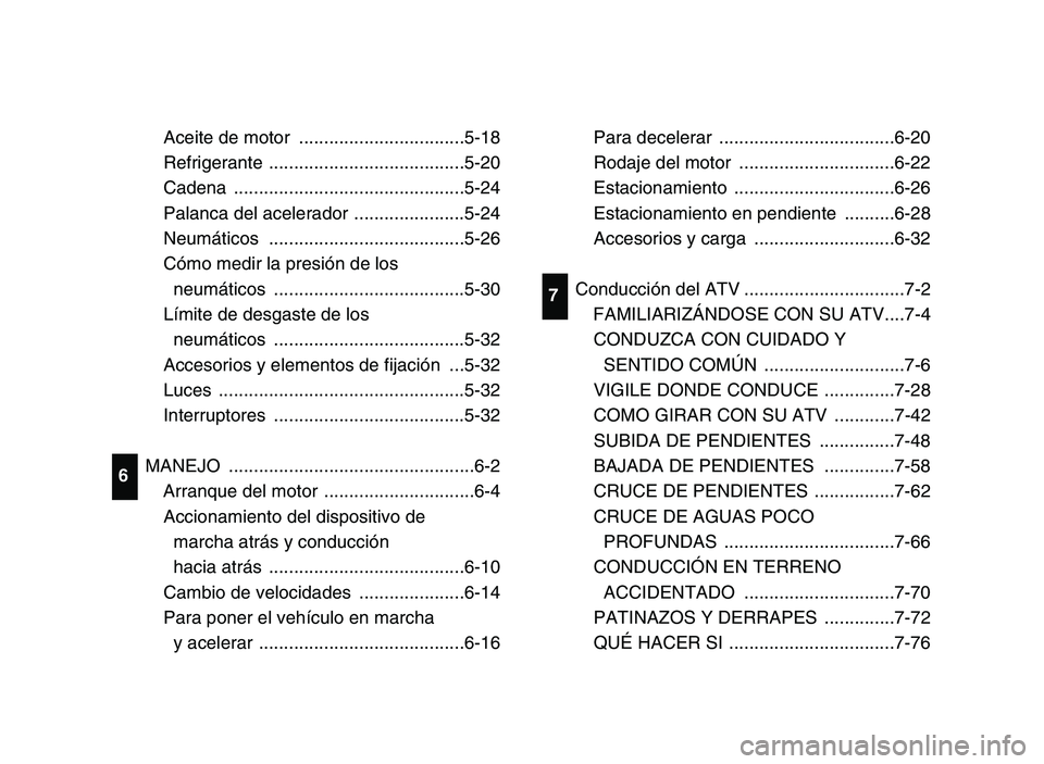 YAMAHA YFM700R 2006 Owners Manual Aceite de motor .................................5-18
Refrigerante .......................................5-20
Cadena ..............................................5-24
Palanca del acelerador ...... YAMAHA YFM700R 2006 Owners Manual Aceite de motor .................................5-18
Refrigerante .......................................5-20
Cadena ..............................................5-24
Palanca del acelerador ......