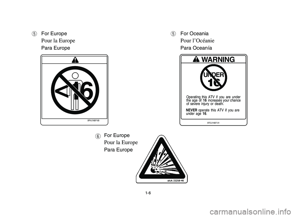YAMAHA YFM700R 2006  Notices Demploi (in French) 1-6
t
q
<16
5FK-21697-00
t
qWARNING
UNDER
16
Operating this  ATV  if  you  are  under
the age of 16  increases your chance
of severe injury or death.
NEVER operate this ATV if you are
under age 16.
5F