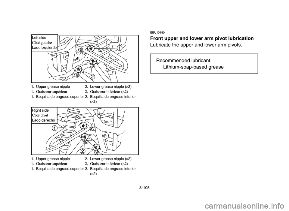 YAMAHA YFM700R 2006  Owners Manual 8-105
EBU10180
Front upper and lower arm pivot lubrication
Lubricate the upper and lower arm pivots.
1
2
Left side
1
2
Right side
1. Upper grease nipple 2. Lower grease nipple (×2)1. Graisseur supér
