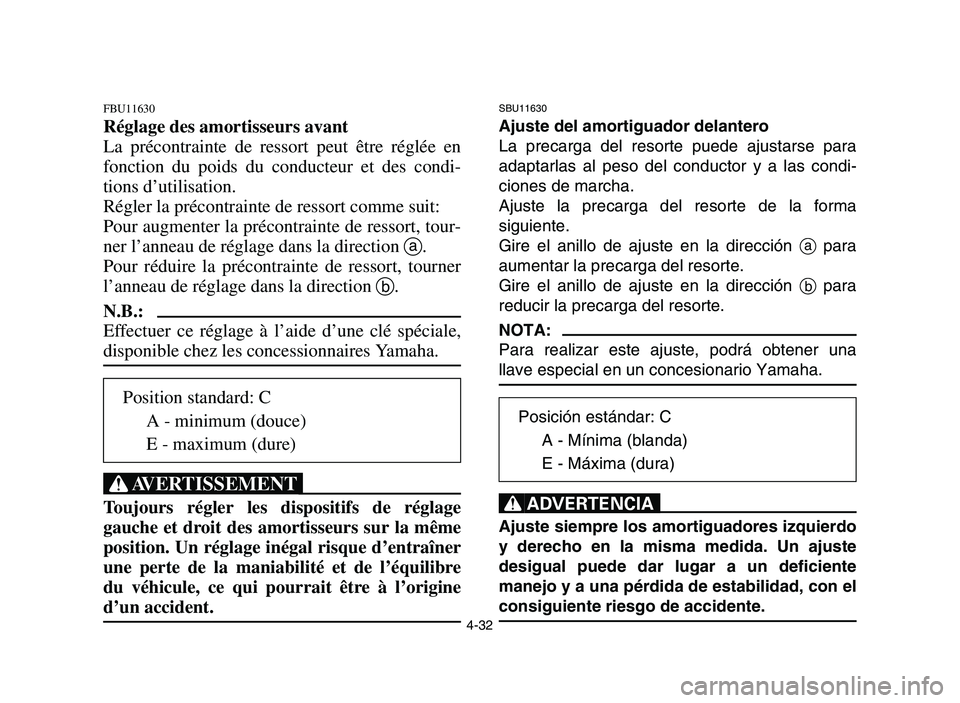 YAMAHA YFM700R 2006 Manuale de Empleo (in Spanish) 4-32
FBU11630
Réglage des amortisseurs avant
La précontrainte de ressort peut être réglée en
fonction du poids du conducteur et des condi-
tions d’utilisation.
Régler la précontrainte de ress YAMAHA YFM700R 2006 Manuale de Empleo (in Spanish) 4-32
FBU11630
Réglage des amortisseurs avant
La précontrainte de ressort peut être réglée en
fonction du poids du conducteur et des condi-
tions d’utilisation.
Régler la précontrainte de ress
