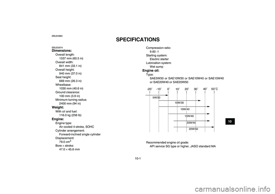 YAMAHA YFM80R 2008  Owners Manual  
10-1 
1
2
3
4
5
6
7
8
910
11
 
EBU25960 
SPECIFICATIONS  
EBU2597A 
Dimensions: 
Overall length: 
1537 mm (60.5 in)
Overall width: 
841 mm (33.1 in)
Overall height: 
940 mm (37.0 in)
Seat height: 
6
