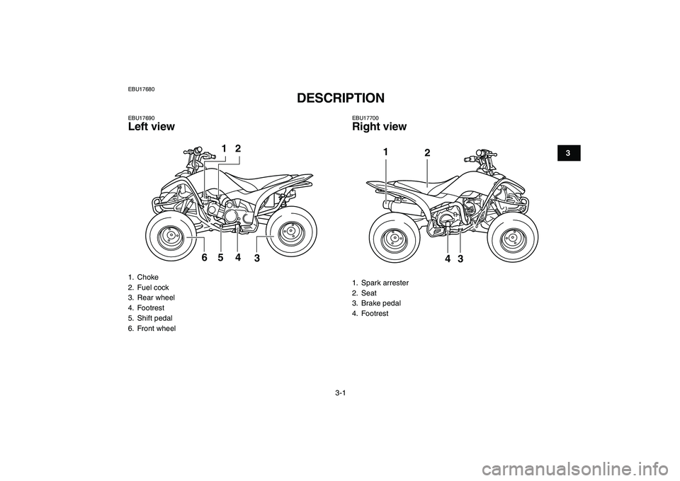 YAMAHA YFM80R 2008 User Guide  
3-1 
1
23
4
5
6
7
8
9
10
11
 
EBU17680 
DESCRIPTION  
EBU17690 
Left view 
EBU17700 
Right view 
1. Choke
2. Fuel cock
3. Rear wheel
4. Footrest
5. Shift pedal
6. Front wheel
2
65 4
3
1
 
1. Spark a
