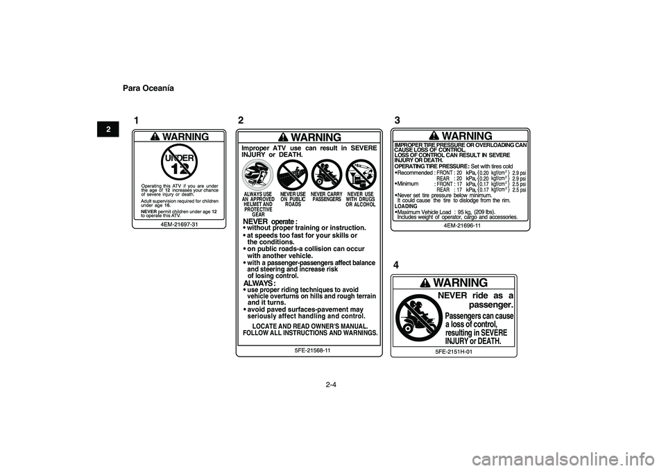 YAMAHA YFM80R 2008  Manuale de Empleo (in Spanish)  
2-4 
12
3
4
5
6
7
8
9
10
11
Para Oceanía
WARNING
IMPROPER TIRE PRESSURE OR OVERLOADING CAN
CAUSE LOSS OF CONTROL.
LOSS OF CONTROL CAN  RESULT  IN  SEVERE
INJURY OR DEATH.
OPERATING TIRE PRESSURE : 