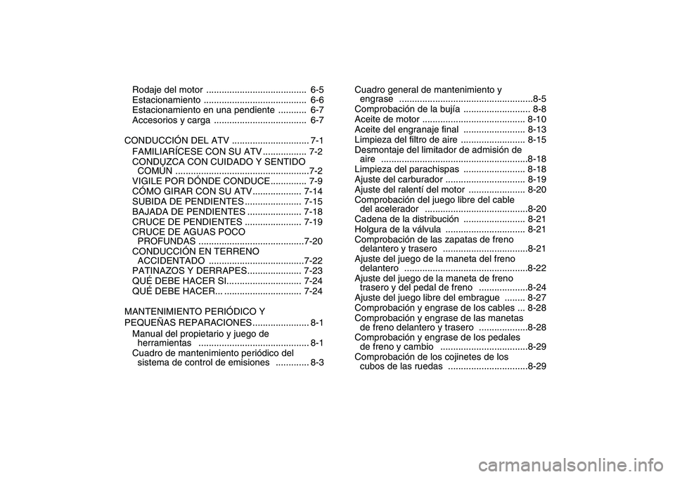 YAMAHA YFM80R 2008  Manuale de Empleo (in Spanish)  
Rodaje del motor  .......................................  6-5
Estacionamiento ........................................  6-6
Estacionamiento en una pendiente  ...........  6-7
Accesorios y carga  ..