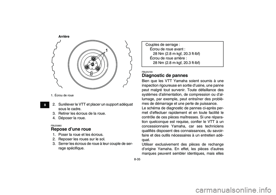 YAMAHA YFM80R 2008  Notices Demploi (in French)  
8-35 
1
2
3
4
5
6
78
9
10
11
Arrière
 
2. Surélever le VTT et placer un support adéquat
sous le cadre.
3. Retirer les écrous de la roue.
4. Déposer la roue. 
FBU25660 
Repose d’une roue  
1. 