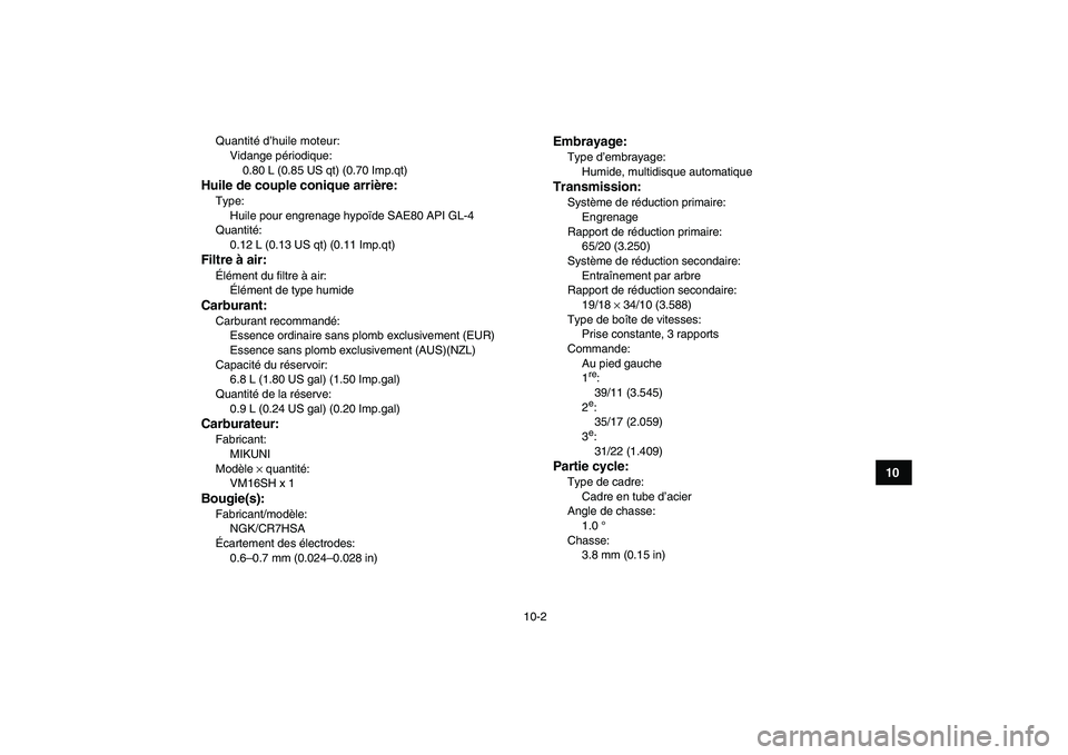 YAMAHA YFM80R 2008 Notices Demploi (in French)
10-2
1
2
3
4
5
6
7
8
910
11
Quantité d’huile moteur:
Vidange périodique:
0.80 L (0.85 US qt) (0.70 Imp.qt)
Huile de couple conique arrière:
Type:
Huile pour engrenage hypoïde SAE80 API YAMAHA YFM80R 2008 Notices Demploi (in French)
10-2
1
2
3
4
5
6
7
8
910
11
Quantité d’huile moteur:
Vidange périodique:
0.80 L (0.85 US qt) (0.70 Imp.qt)
Huile de couple conique arrière:
Type:
Huile pour engrenage hypoïde SAE80 API