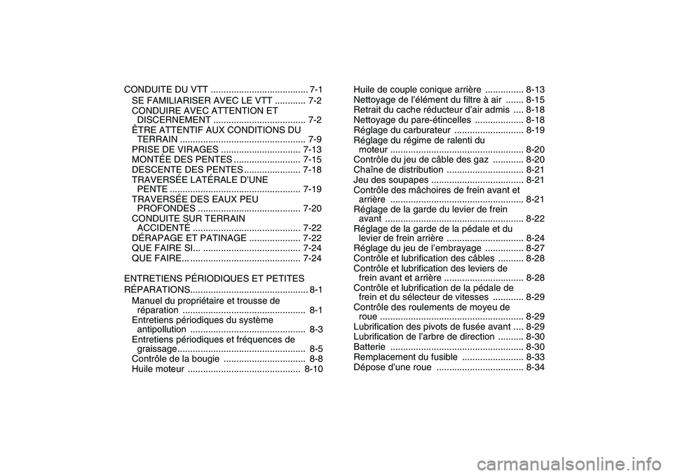 YAMAHA YFM80R 2008  Notices Demploi (in French)  
CONDUITE DU VTT ...................................... 7-1
SE FAMILIARISER AVEC LE VTT ............ 7-2
CONDUIRE AVEC ATTENTION ET 
DISCERNEMENT .................................... 7-2
ÊTRE ATTENT