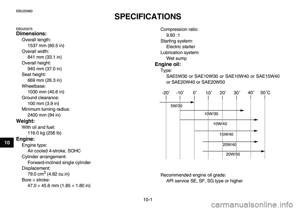 YAMAHA YFM80R 2007  Owners Manual  
10-1 
1
2
3
4
5
6
7
8
910
11
 
EBU25960 
SPECIFICATIONS  
EBU25975 
Dimensions: 
Overall length: 
1537 mm (60.5 in)
Overall width: 
841 mm (33.1 in)
Overall height: 
940 mm (37.0 in)
Seat height: 
6