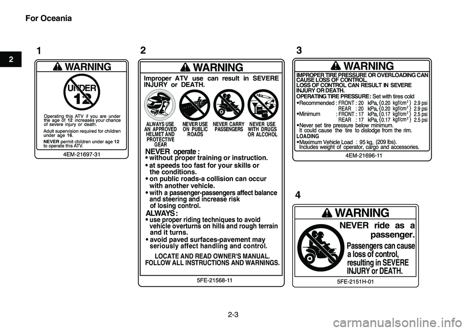 YAMAHA YFM80R 2007 User Guide  
2-3 
12
3
4
5
6
7
8
9
10
11
For Oceania
WARNING
IMPROPER TIRE PRESSURE OR OVERLOADING CAN
CAUSE LOSS OF CONTROL.
LOSS OF CONTROL CAN  RESULT  IN  SEVERE
INJURY OR DEATH.
OPERATING TIRE PRESSURE : Se