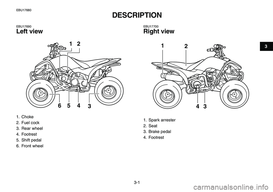 YAMAHA YFM80R 2007 User Guide  
3-1 
1
23
4
5
6
7
8
9
10
11
 
EBU17680 
DESCRIPTION  
EBU17690 
Left view 
EBU17700 
Right view 
1. Choke
2. Fuel cock
3. Rear wheel
4. Footrest
5. Shift pedal
6. Front wheel
2
65 4
3
1
 
1. Spark a