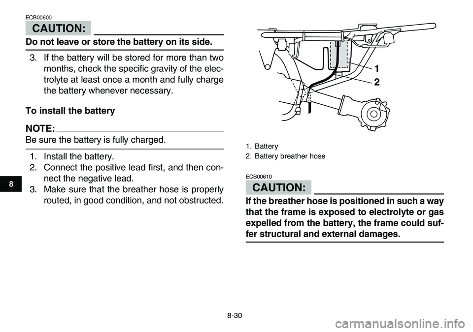 YAMAHA YFM80R 2007  Owners Manual  
8-30 
1
2
3
4
5
6
78
9
10
11
CAUTION:
 
ECB00600  
Do not leave or store the battery on its side. 
3. If the battery will be stored for more than two
months, check the specific gravity of the elec-

