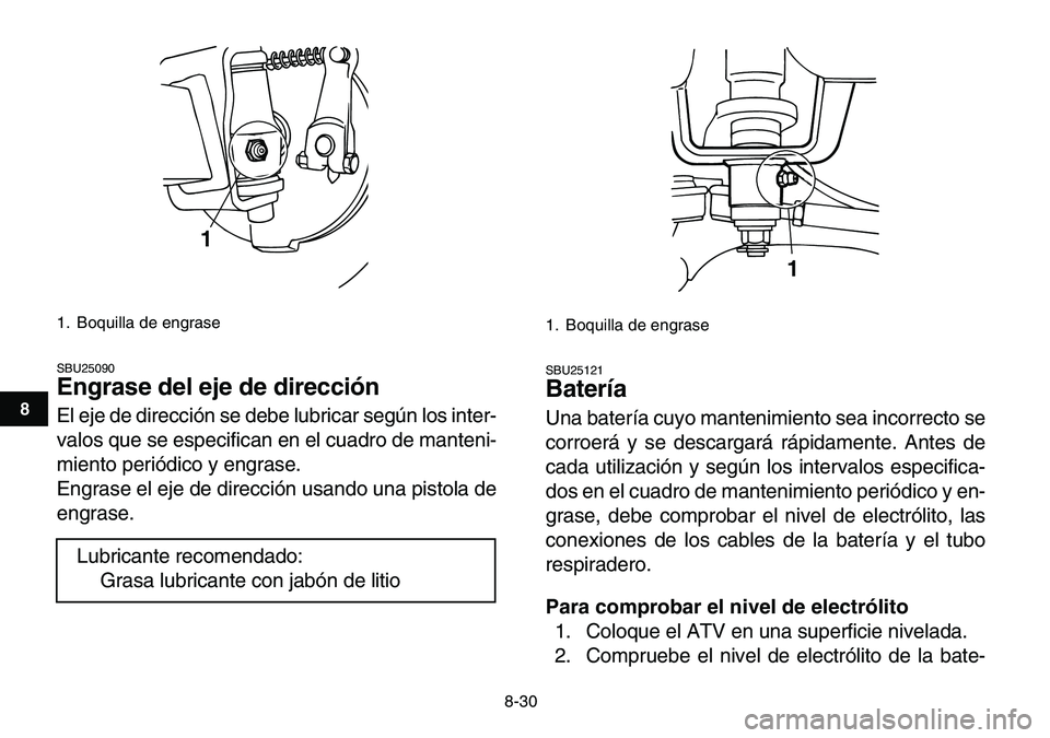 YAMAHA YFM80R 2007 Manuale de Empleo (in Spanish)
8-30
1
2
3
4
5
6
78
9
10
11
SBU25090
Engrase del eje de dirección
El eje de dirección se debe lubricar según los inter-
valos que se especifican en el cuadro de manteni-
miento periódico y YAMAHA YFM80R 2007 Manuale de Empleo (in Spanish)
8-30
1
2
3
4
5
6
78
9
10
11
SBU25090
Engrase del eje de dirección
El eje de dirección se debe lubricar según los inter-
valos que se especifican en el cuadro de manteni-
miento periódico y