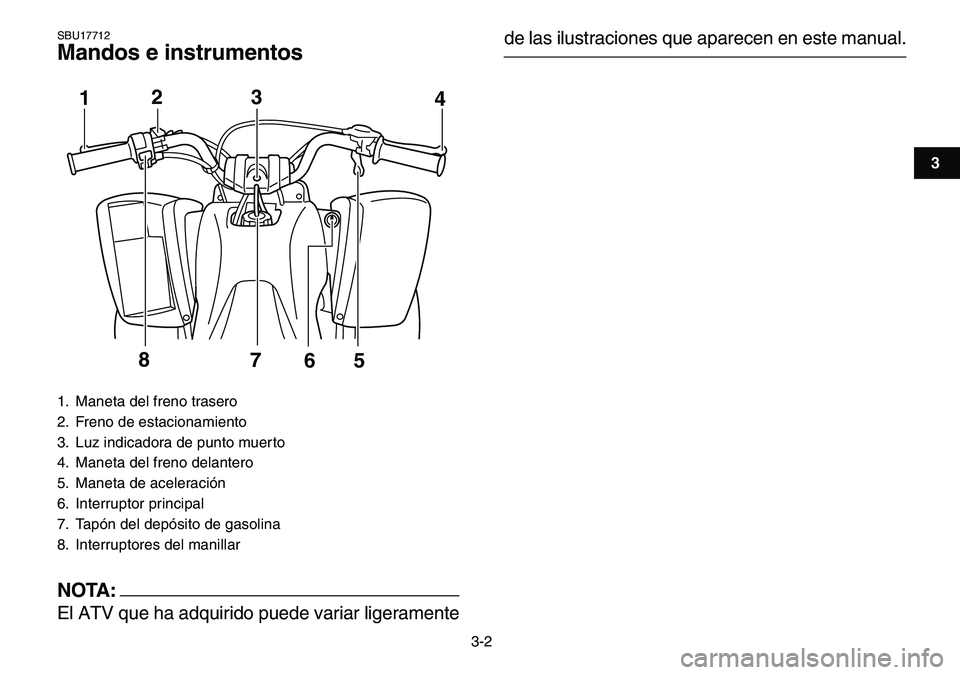 YAMAHA YFM80R 2007  Manuale de Empleo (in Spanish)  
3-2 
1
23
4
5
6
7
8
9
10
11
 
SBU17712 
Mandos e instrumentos
NOTA:
 
El ATV que ha adquirido puede variar ligeramente 
de las ilustraciones que aparecen en este manual. 
1.  Maneta del freno traser