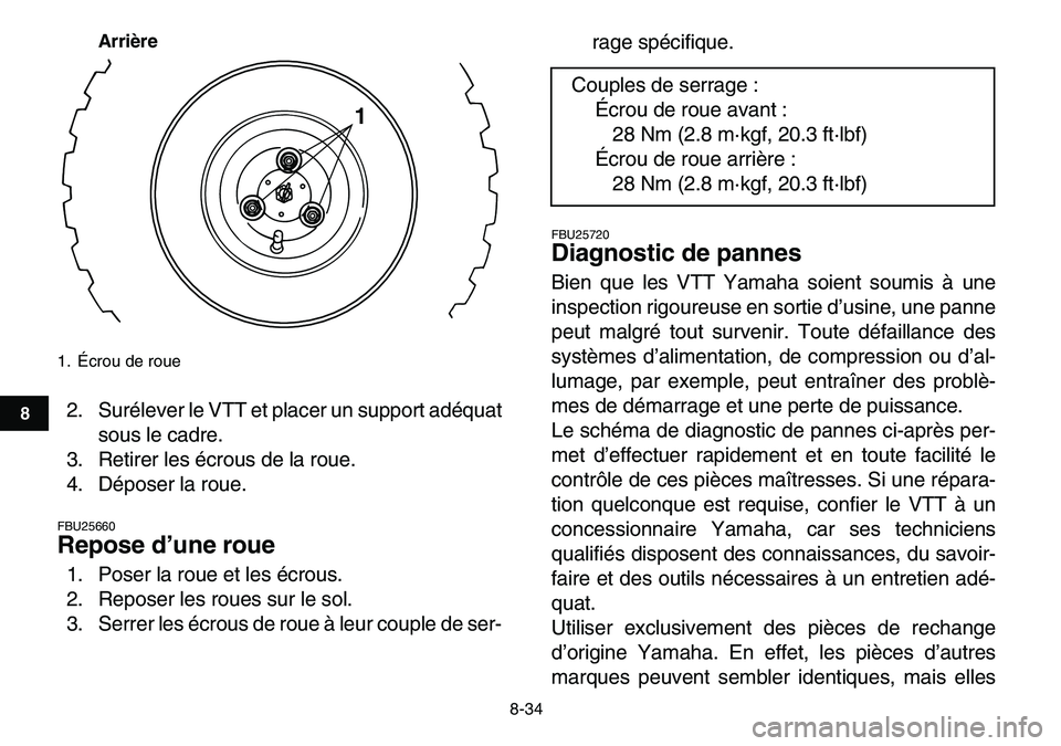 YAMAHA YFM80R 2007 Notices Demploi (in French)
8-34
1
2
3
4
5
6
78
9
10
11
Arrière
2. Surélever le VTT et placer un support adéquat
sous le cadre.
3. Retirer les écrous de la roue.
4. Déposer la roue.
FBU25660
Repose d’une roue
1. YAMAHA YFM80R 2007 Notices Demploi (in French)
8-34
1
2
3
4
5
6
78
9
10
11
Arrière
2. Surélever le VTT et placer un support adéquat
sous le cadre.
3. Retirer les écrous de la roue.
4. Déposer la roue.
FBU25660
Repose d’une roue
1.