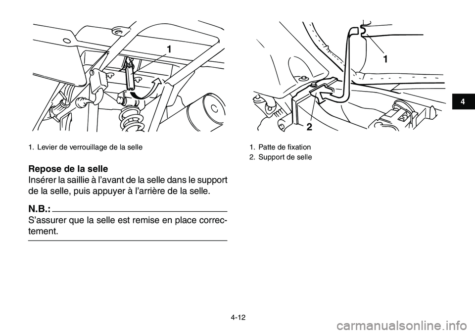 YAMAHA YFM80R 2007  Notices Demploi (in French)  
4-12 
1
2
34
5
6
7
8
9
10
11
 
Repose de la selle 
Insérer la saillie à l’avant de la selle dans le support
de la selle, puis appuyer à l’arrière de la selle.
N.B.:
 
S’assurer que la sell
