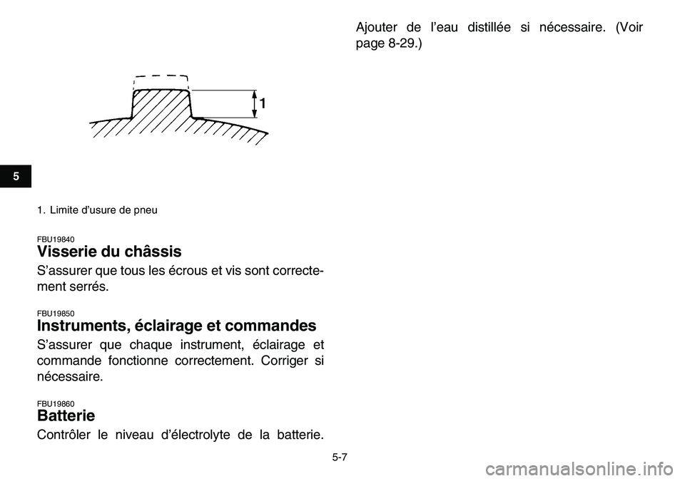 YAMAHA YFM80R 2007  Notices Demploi (in French)  
5-7 
1
2
3
45
6
7
8
9
10
11
 
FBU19840 
Visserie du châssis  
S’assurer que tous les écrous et vis sont correcte-
ment serrés. 
FBU19850 
Instruments, éclairage et commandes  
S’assurer que 