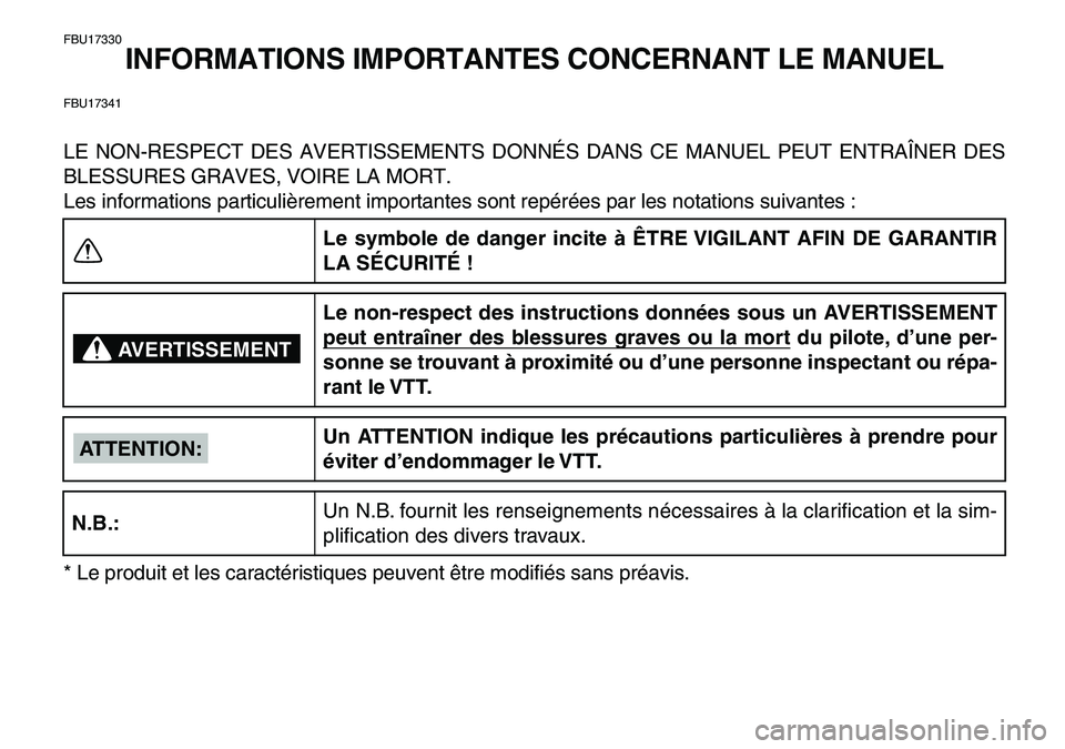 YAMAHA YFM80R 2007 Notices Demploi (in French)
FBU17330
INFORMATIONS IMPORTANTES CONCERNANT LE MANUEL
FBU17341
LE NON-RESPECT DES AVERTISSEMENTS DONNÉS DANS CE MANUEL PEUT ENTRAÎNER DES
BLESSURES GRAVES, VOIRE LA MORT.
Les informations part YAMAHA YFM80R 2007 Notices Demploi (in French)
FBU17330
INFORMATIONS IMPORTANTES CONCERNANT LE MANUEL
FBU17341
LE NON-RESPECT DES AVERTISSEMENTS DONNÉS DANS CE MANUEL PEUT ENTRAÎNER DES
BLESSURES GRAVES, VOIRE LA MORT.
Les informations part