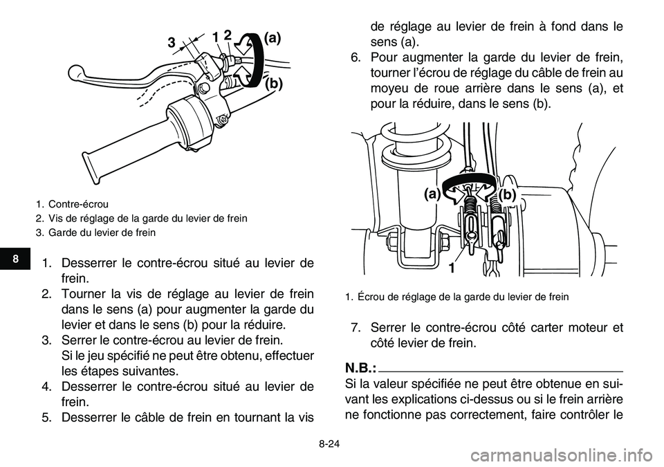 YAMAHA YFM80R 2007  Notices Demploi (in French)  
8-24 
1
2
3
4
5
6
78
9
10
11
 
1. Desserrer le contre-écrou situé au levier de
frein.
2. Tourner la vis de réglage au levier de frein
dans le sens (a) pour augmenter la garde du
levier et dans le