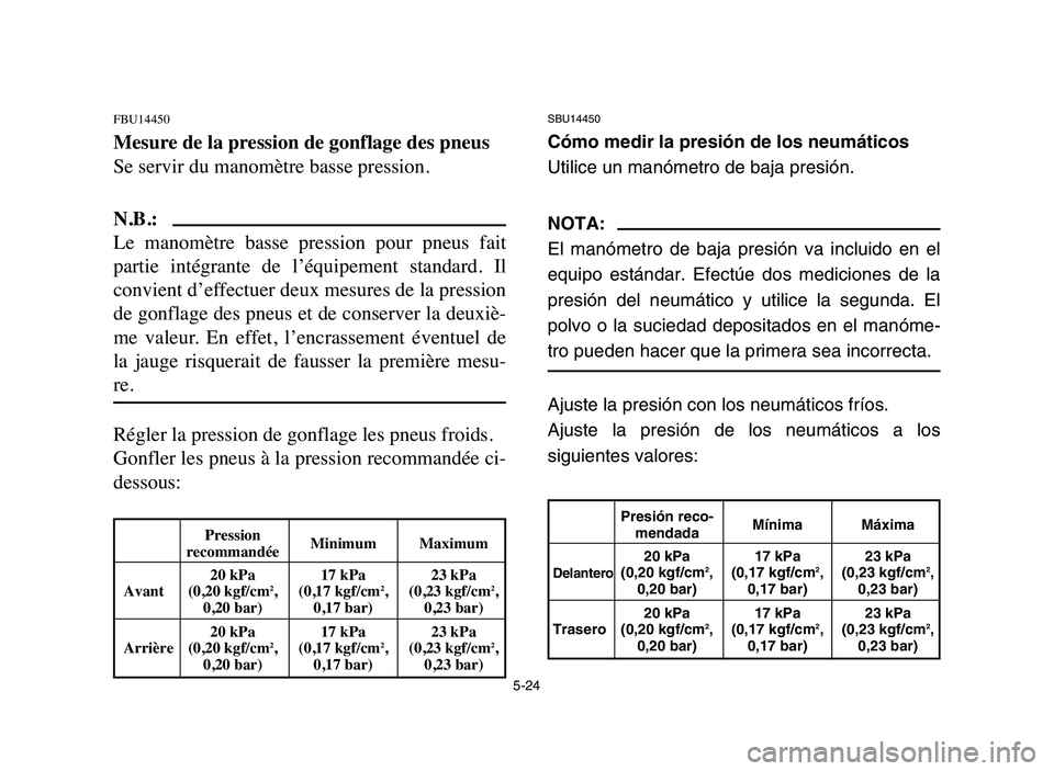 YAMAHA YFM80R 2006 Owners Manual 5-24
FBU14450
Mesure de la pression de gonflage des pneus
Se servir du manomètre basse pression.
N.B.:
Le manomètre basse pression pour pneus fait
partie intégrante de l’équipement sta YAMAHA YFM80R 2006 Owners Manual 5-24
FBU14450
Mesure de la pression de gonflage des pneus
Se servir du manomètre basse pression.
N.B.:
Le manomètre basse pression pour pneus fait
partie intégrante de l’équipement sta