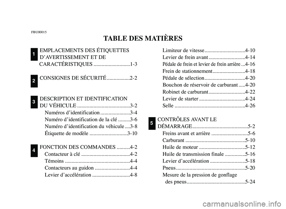 YAMAHA YFM80R 2006 Owners Manual Limiteur de vitesse..............................4-10
Levier de frein avant ...........................4-14
Pédale de frein et levier de frein arrière...4-16
Frein de stationnement.................. YAMAHA YFM80R 2006 Owners Manual Limiteur de vitesse..............................4-10
Levier de frein avant ...........................4-14
Pédale de frein et levier de frein arrière...4-16
Frein de stationnement..................