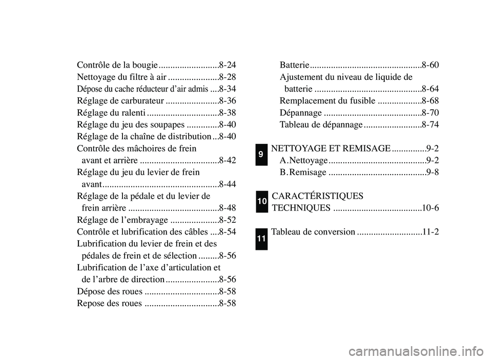 YAMAHA YFM80R 2006 Owners Manual Contrôle de la bougie..........................8-24
Nettoyage du filtre à air ......................8-28
Dépose du cache réducteur d’air admis....8-34
Réglage de carburateur ................... YAMAHA YFM80R 2006 Owners Manual Contrôle de la bougie..........................8-24
Nettoyage du filtre à air ......................8-28
Dépose du cache réducteur d’air admis....8-34
Réglage de carburateur ...................