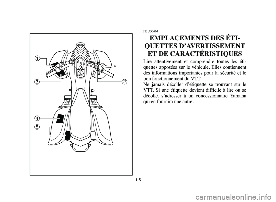 YAMAHA YFM80R 2006 Owners Guide 1-5
FBU00464
EMPLACEMENTS DES ÉTI-
QUETTES D’AVERTISSEMENT
ET DE CARACTÉRISTIQUES
Lire attentivement et comprendre toutes les éti-
quettes apposées sur le véhicule. Elles contiennen YAMAHA YFM80R 2006 Owners Guide 1-5
FBU00464
EMPLACEMENTS DES ÉTI-
QUETTES D’AVERTISSEMENT
ET DE CARACTÉRISTIQUES
Lire attentivement et comprendre toutes les éti-
quettes apposées sur le véhicule. Elles contiennen