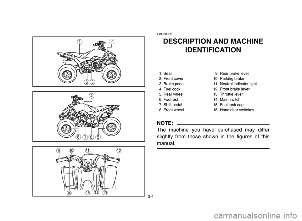 YAMAHA YFM80R 2006 Workshop Manual 3-1
EBU00032
DESCRIPTION AND MACHINE
IDENTIFICATION
1. Seat 9. Rear brake lever
2. Front cover 10. Parking brake
3. Brake pedal 11. Neutral indicator light
4. Fuel cock 12. Front brake lever
5. Rear w YAMAHA YFM80R 2006 Workshop Manual 3-1
EBU00032
DESCRIPTION AND MACHINE
IDENTIFICATION
1. Seat 9. Rear brake lever
2. Front cover 10. Parking brake
3. Brake pedal 11. Neutral indicator light
4. Fuel cock 12. Front brake lever
5. Rear w